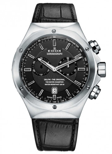 Edox horlogeband 10107 Leder Zwart + zwart stiksel