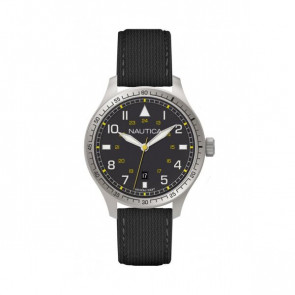 Nautica horlogeband A10097G Leder Zwart 22mm + grijs stiksel