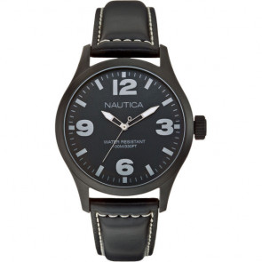 Nautica horlogeband A13613G Leder Zwart 24mm + wit stiksel
